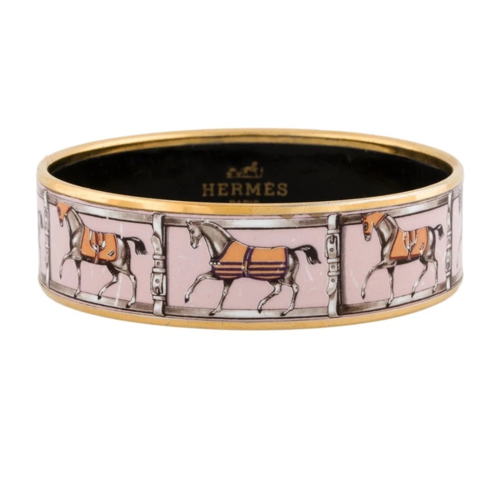 Authentic Hermès Wide Enamel Bracelet. Grand Apparat equestrian motifs. Pink.